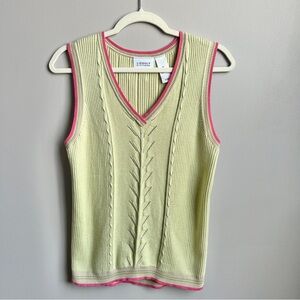 Vintage Sweater Vest Women's Medium Green Pink Cable Knit Golf Preppy Tennis Top